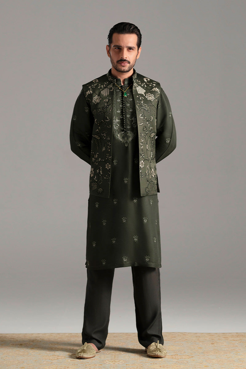 Bottle Green Dorri Embroidered Silk-Blend Waistcoat Kurta (2-Piece) - Image 9