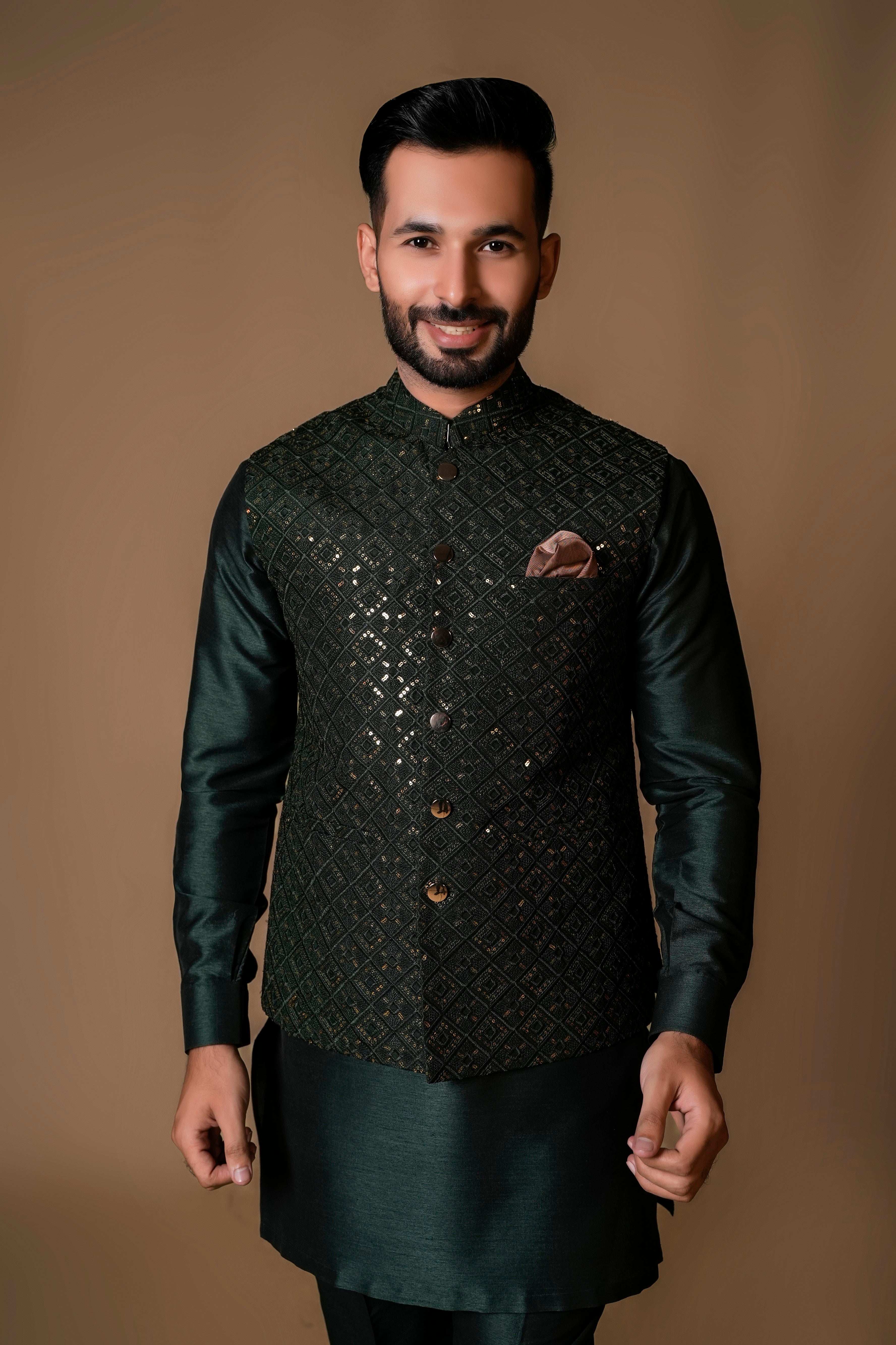 Deep Green Embroidered Silk-Blend Waistcoat Kurta (3-Piece) - Image 1