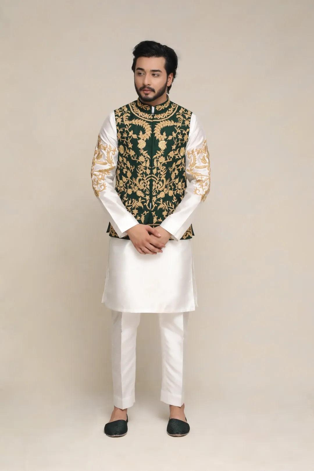 Bottle Green Embroidered Silk-Blend Waistcoat Kurta (3-Piece) - Image 1