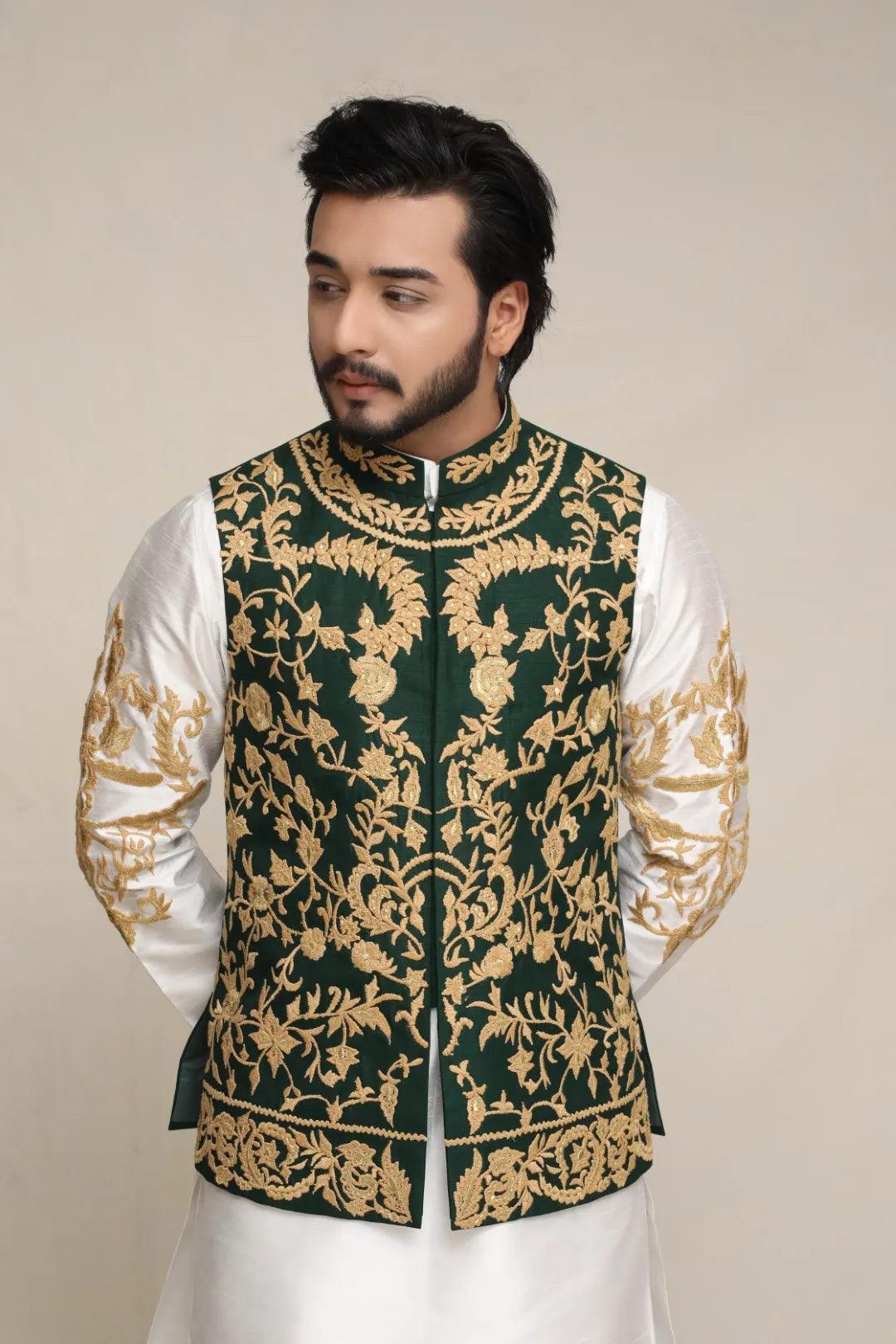 Bottle Green Embroidered Silk-Blend Waistcoat Kurta (3-Piece) - Image 3