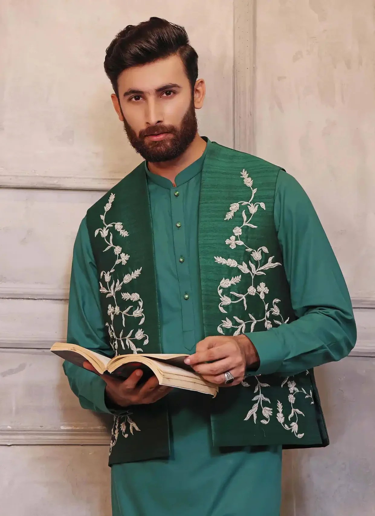 Sea-Green Hand-Embroidered Silk Blend Waistcoat Kurta (3-Piece) - Image 1