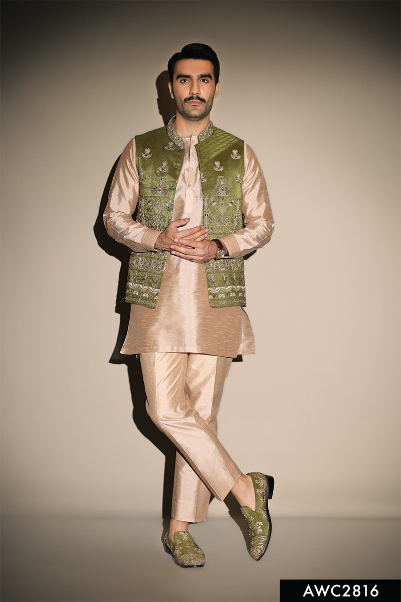 Olive Green Hand-Embroidered Silk-Blend Waistcoat (3-Piece) - Image 1