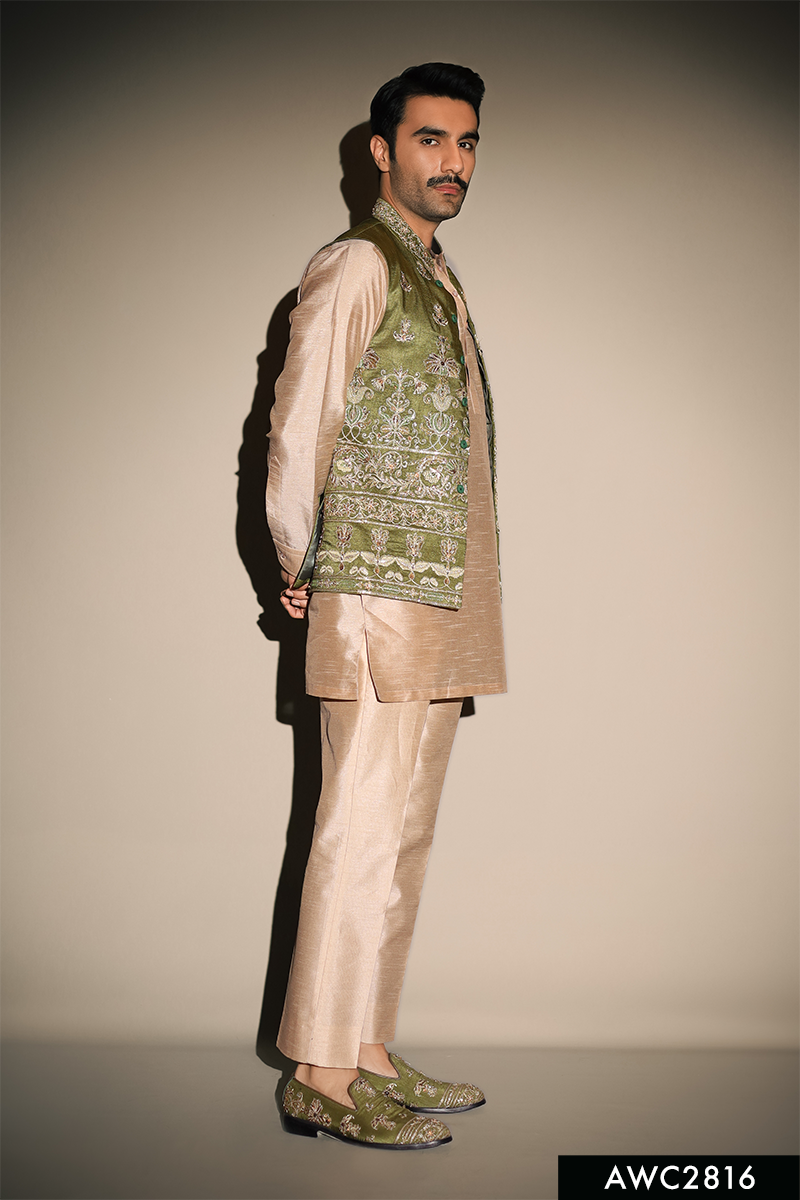 Olive Green Hand-Embroidered Silk-Blend Waistcoat (3-Piece) - Image 2