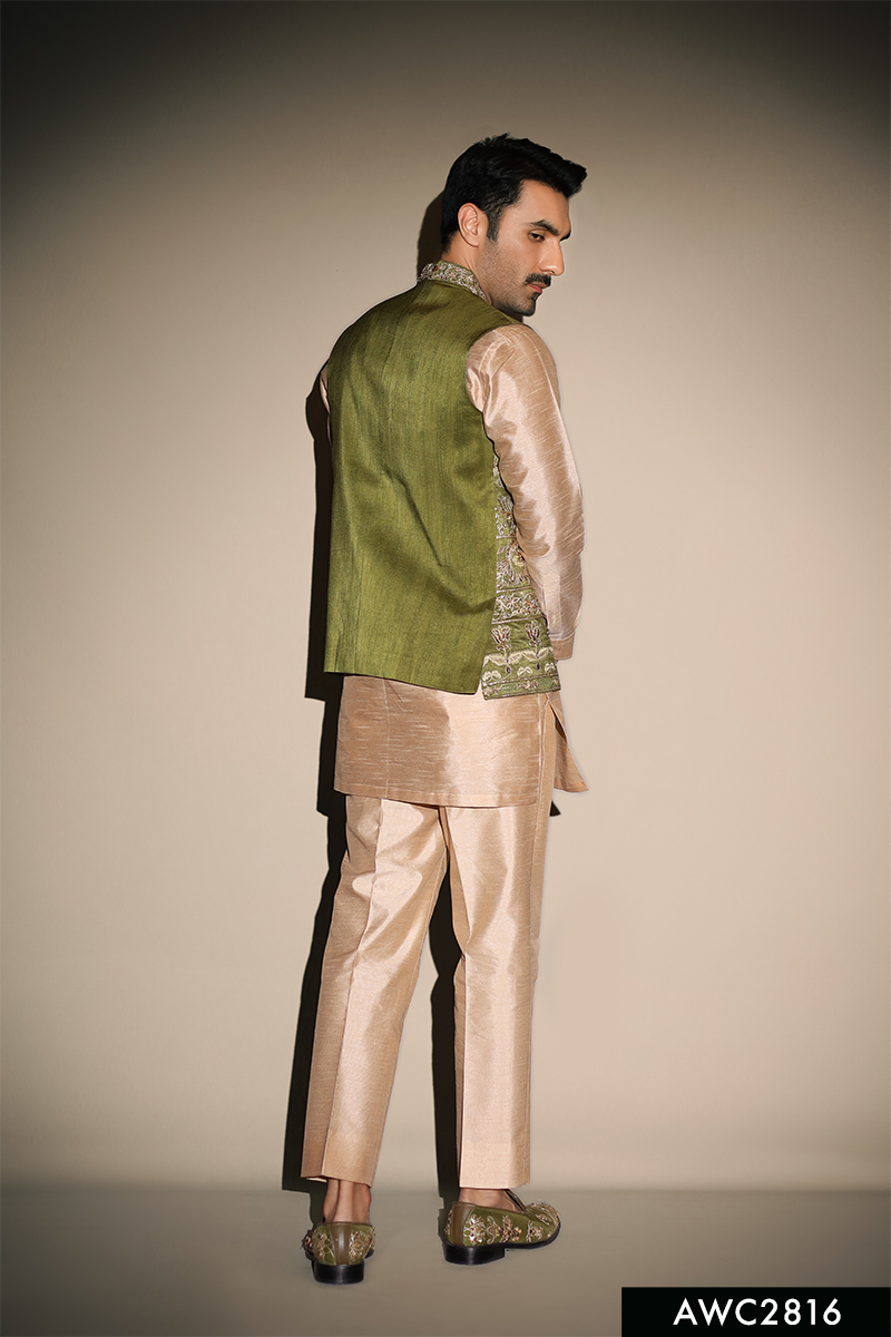 Olive Green Hand-Embroidered Silk-Blend Waistcoat (3-Piece) - Image 3