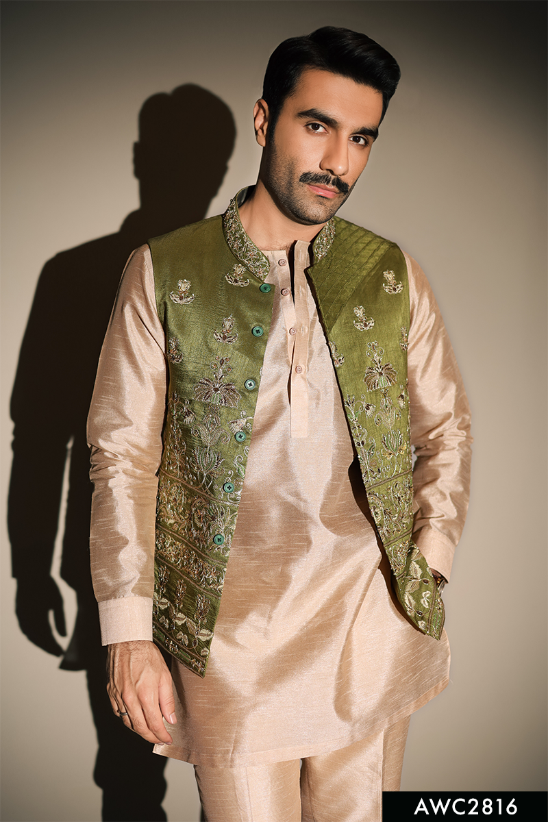 Olive Green Hand-Embroidered Silk-Blend Waistcoat (3-Piece) - Image 4