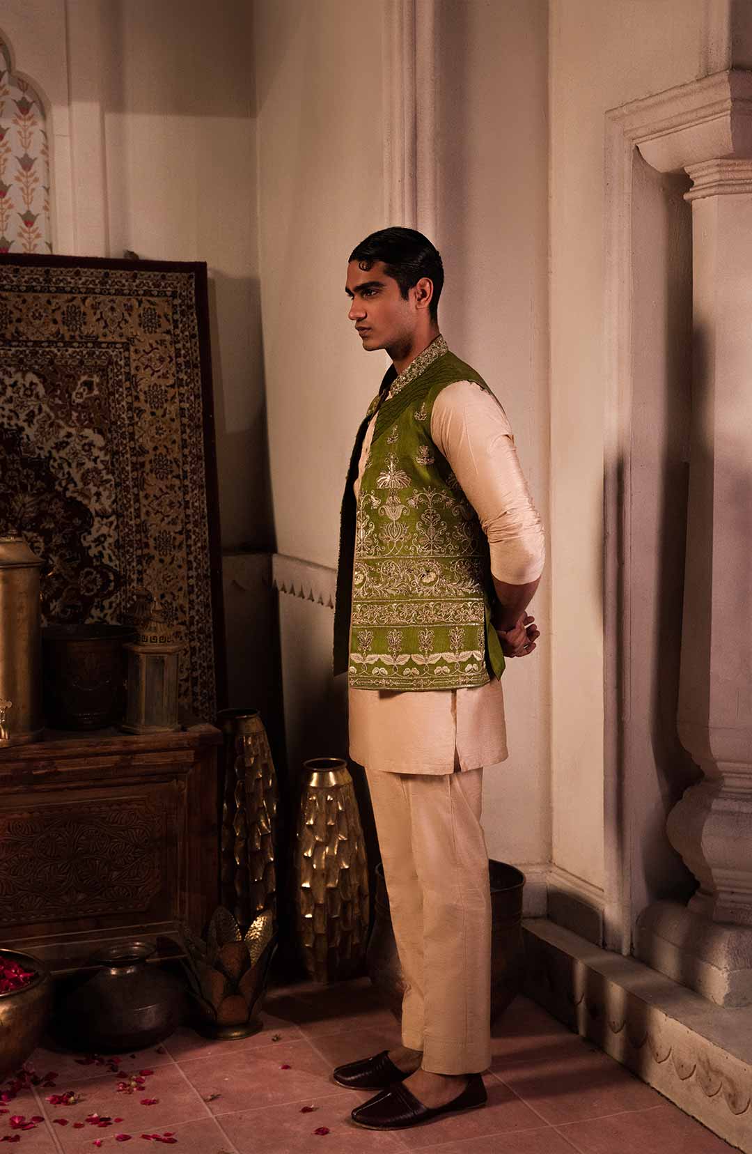 Olive Green Hand-Embroidered Silk-Blend Waistcoat (3-Piece) - Image 6