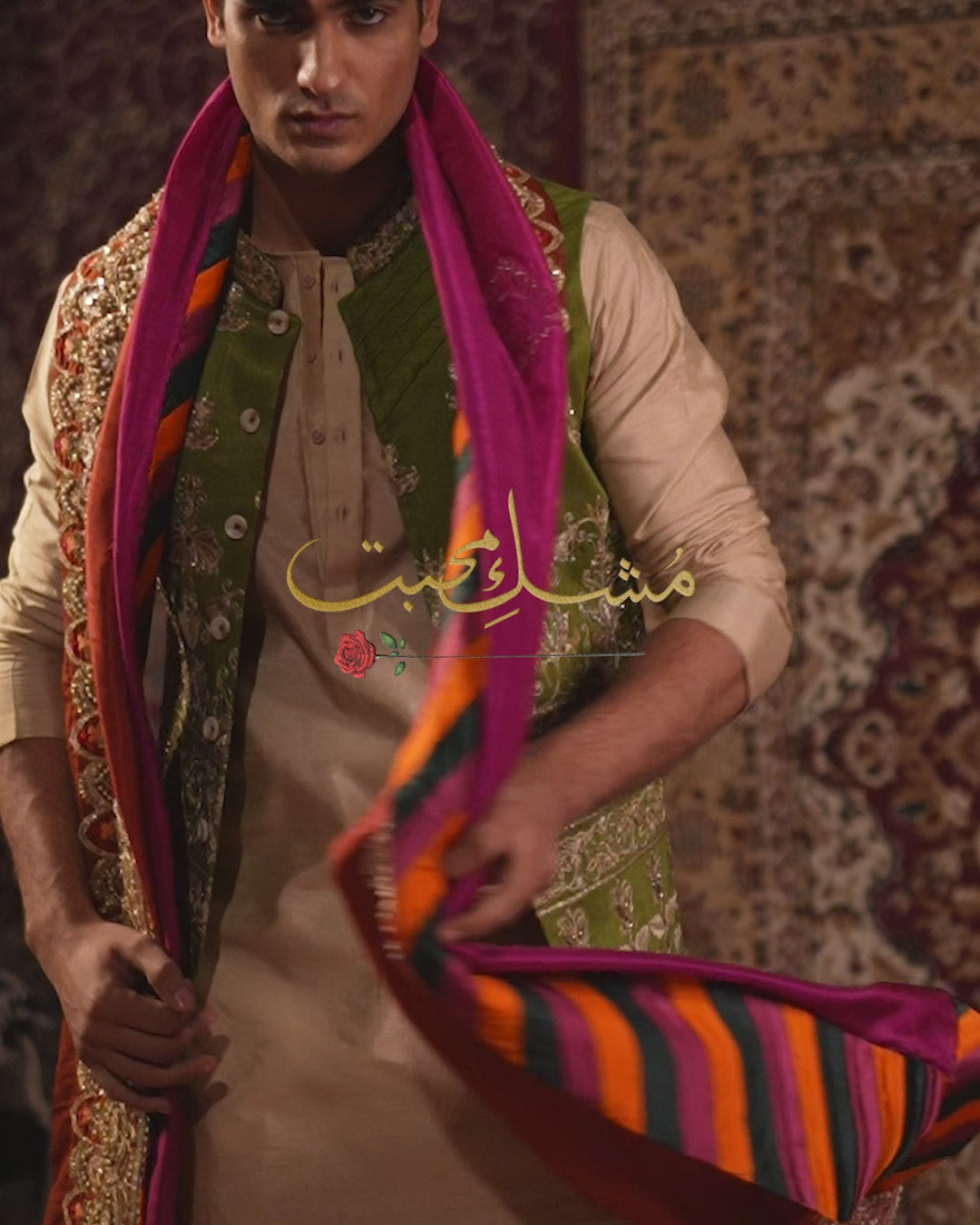 Olive Green Hand-Embroidered Silk-Blend Waistcoat (3-Piece) - Image 9