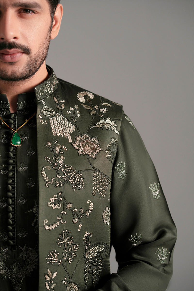 Bottle Green Embroidered Silk-Blend Waistcoat Kurta (2-Piece) - Image 1