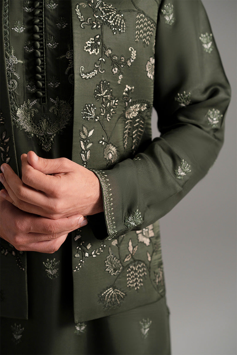 Bottle Green Embroidered Silk-Blend Waistcoat Kurta (2-Piece) - Image 10