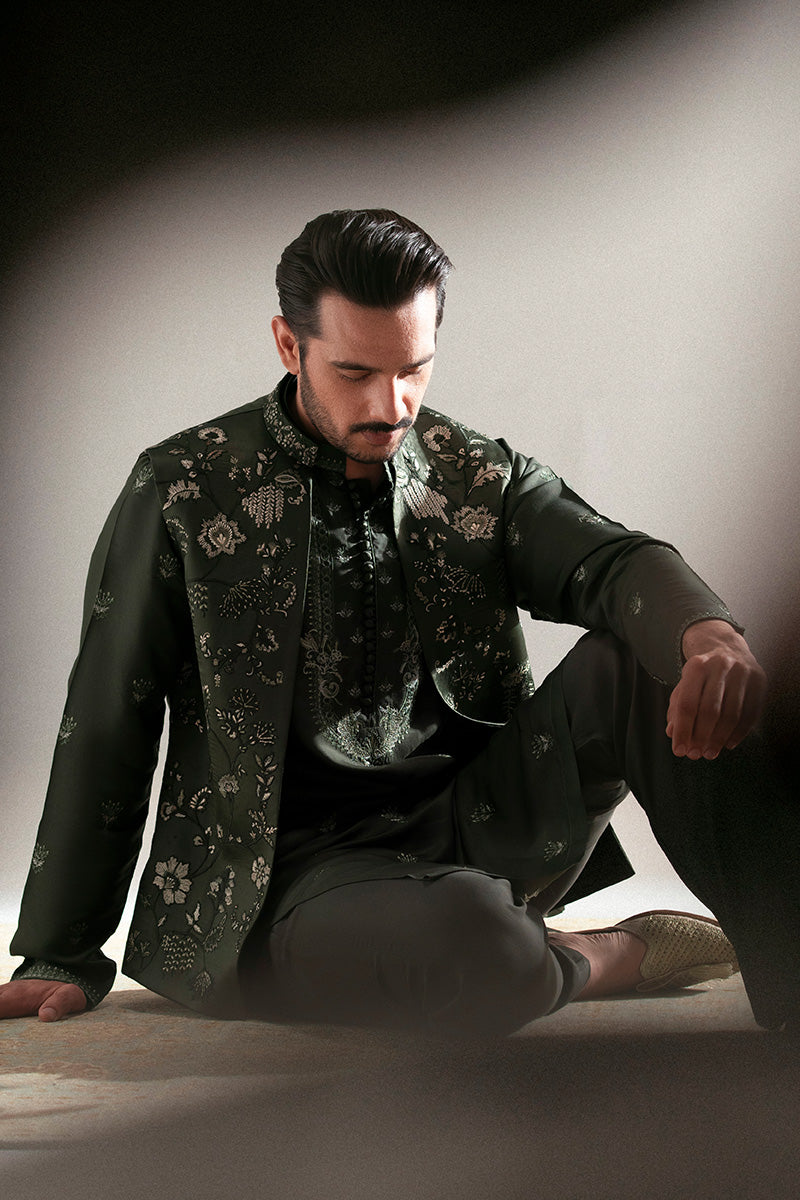 Bottle Green Embroidered Silk-Blend Waistcoat Kurta (2-Piece) - Image 12