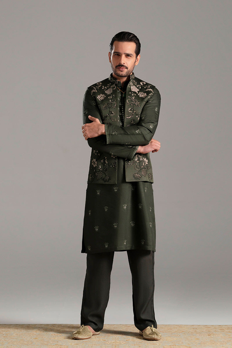 Bottle Green Embroidered Silk-Blend Waistcoat Kurta (2-Piece) - Image 14