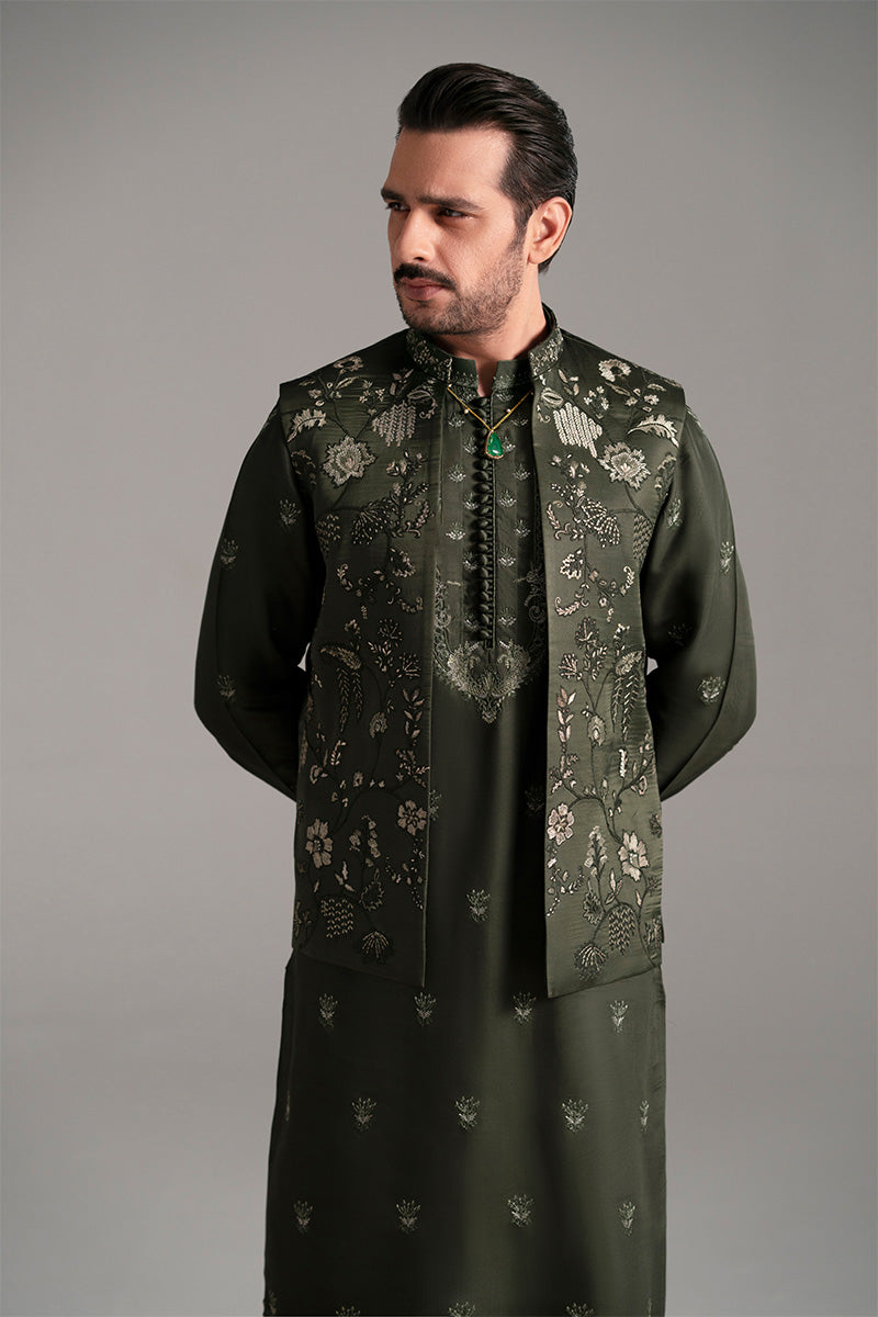 Bottle Green Embroidered Silk-Blend Waistcoat Kurta (2-Piece) - Image 2