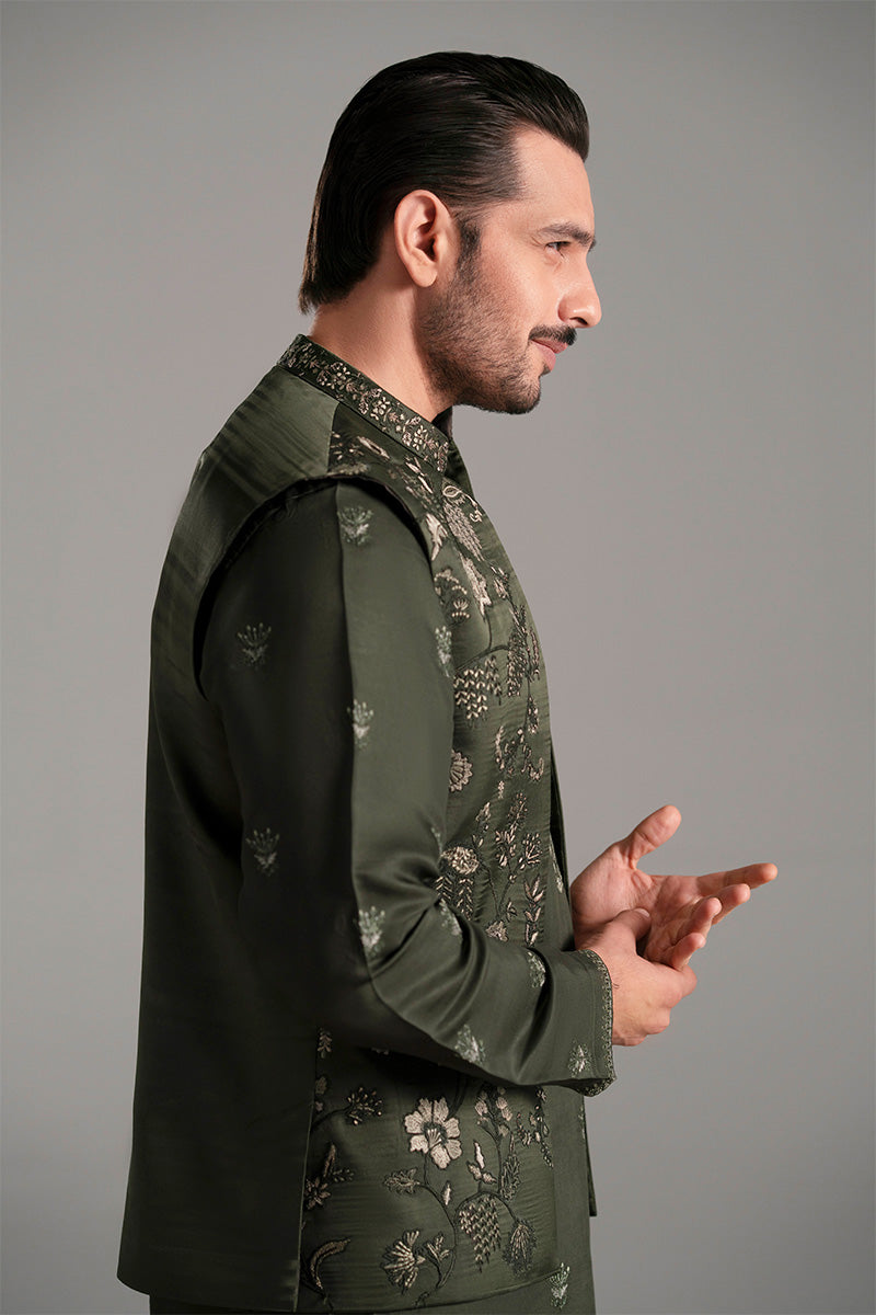 Bottle Green Embroidered Silk-Blend Waistcoat Kurta (2-Piece) - Image 6