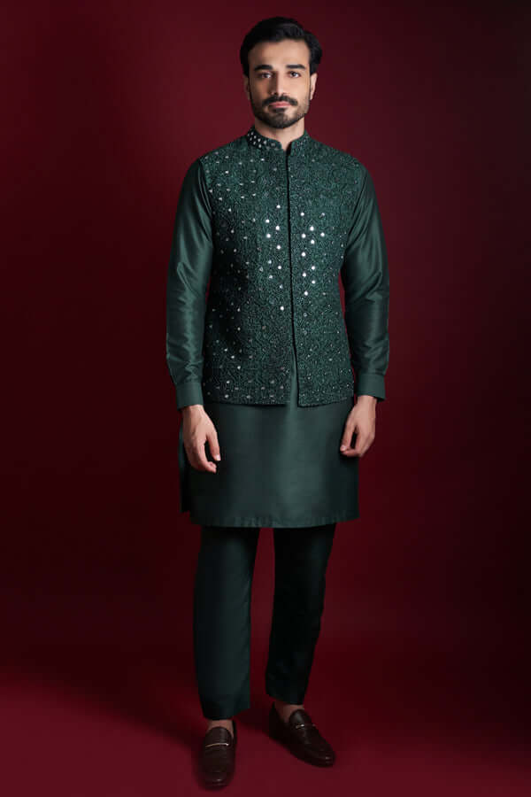 Emerald Green Mirror Work Silk-Blend Waistcoat Kurta (3-Piece) - Image 1