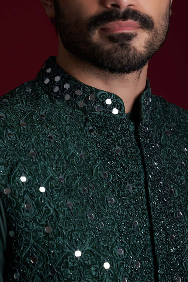 Emerald Green Mirror Work Silk-Blend Waistcoat Kurta (3-Piece) - Image 2
