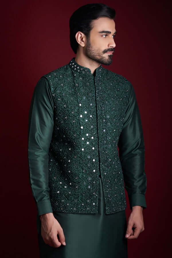 Emerald Green Mirror Work Silk-Blend Waistcoat Kurta (3-Piece) - Image 3