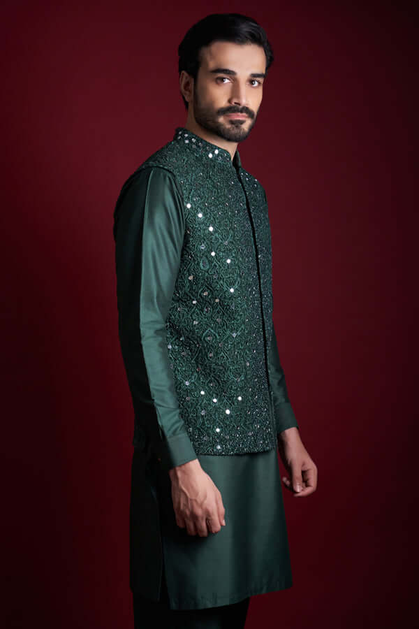 Emerald Green Mirror Work Silk-Blend Waistcoat Kurta (3-Piece) - Image 4
