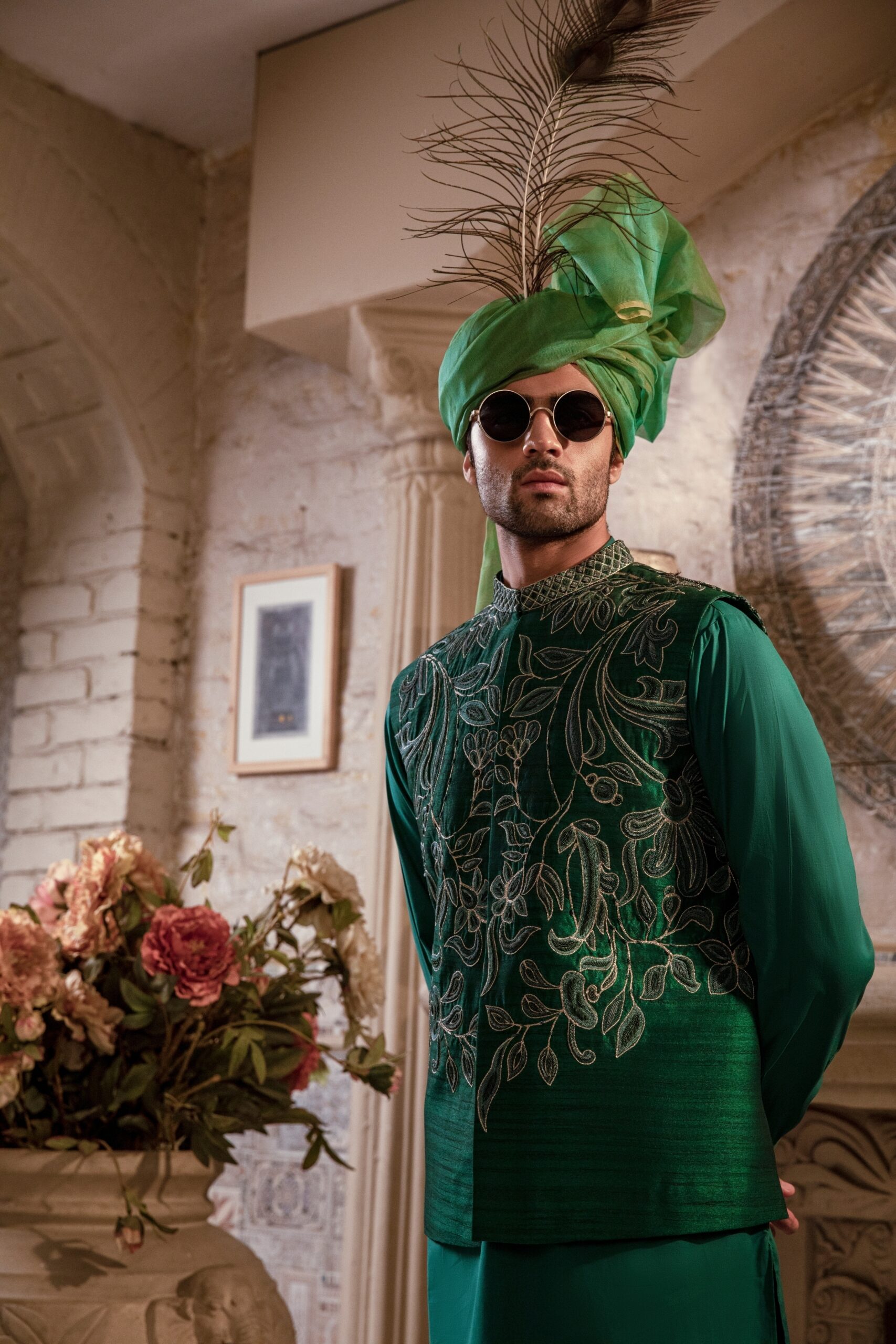 Deep Green Gold Embroidered Silk-Blend Waistcoat Kurta (3-Piece) - Image 1