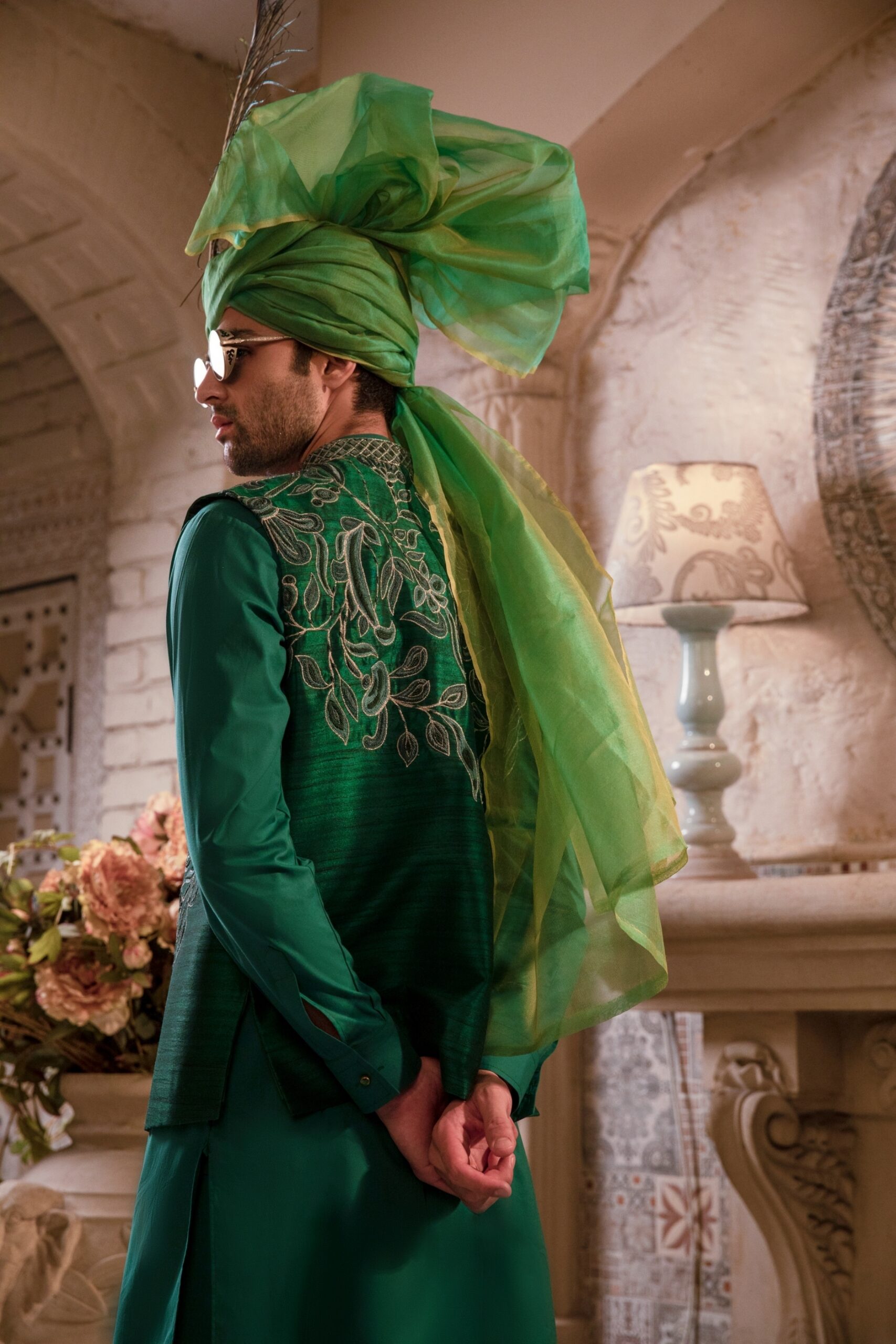 Deep Green Gold Embroidered Silk-Blend Waistcoat Kurta (3-Piece) - Image 2