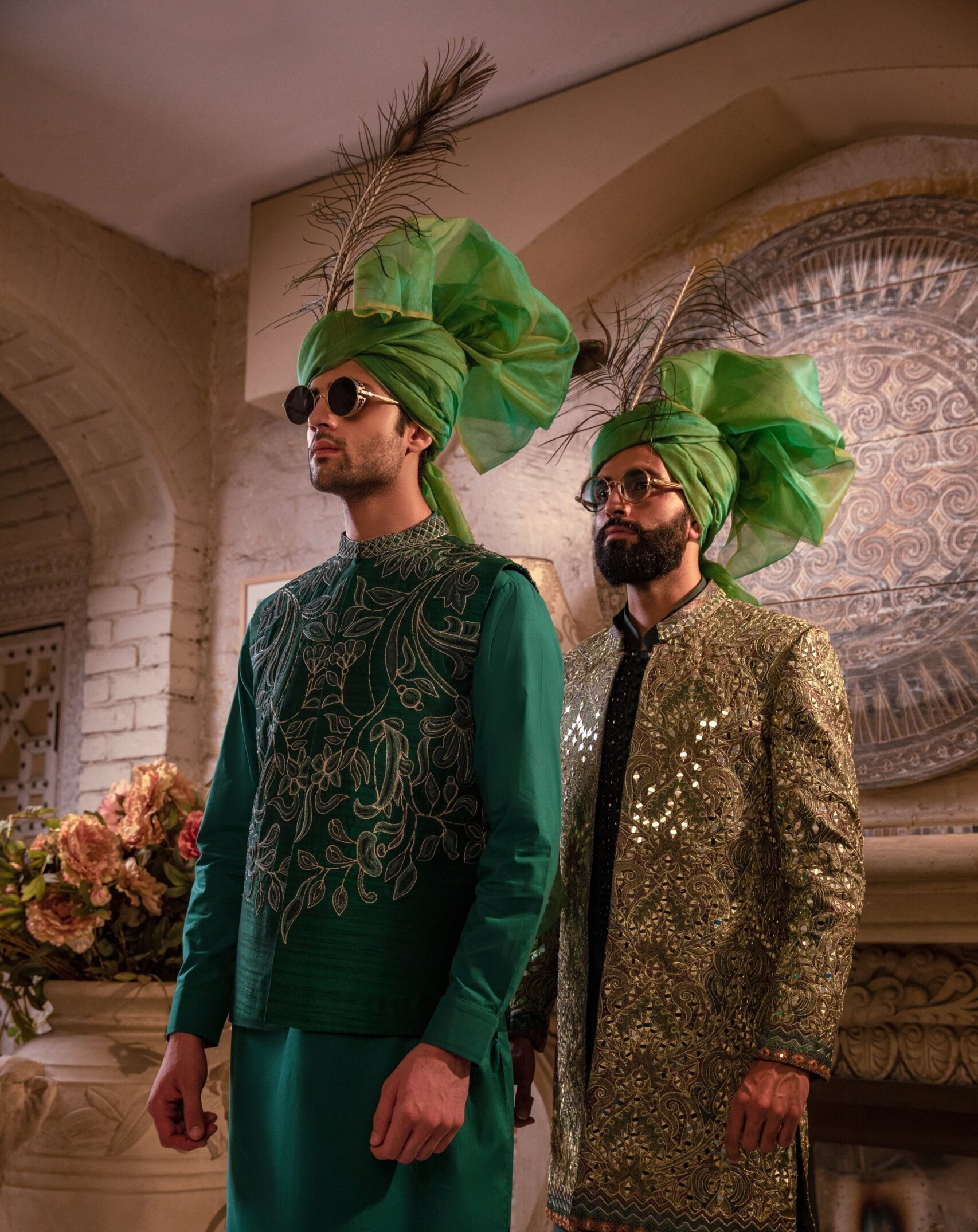 Deep Green Gold Embroidered Silk-Blend Waistcoat Kurta (3-Piece) - Image 4