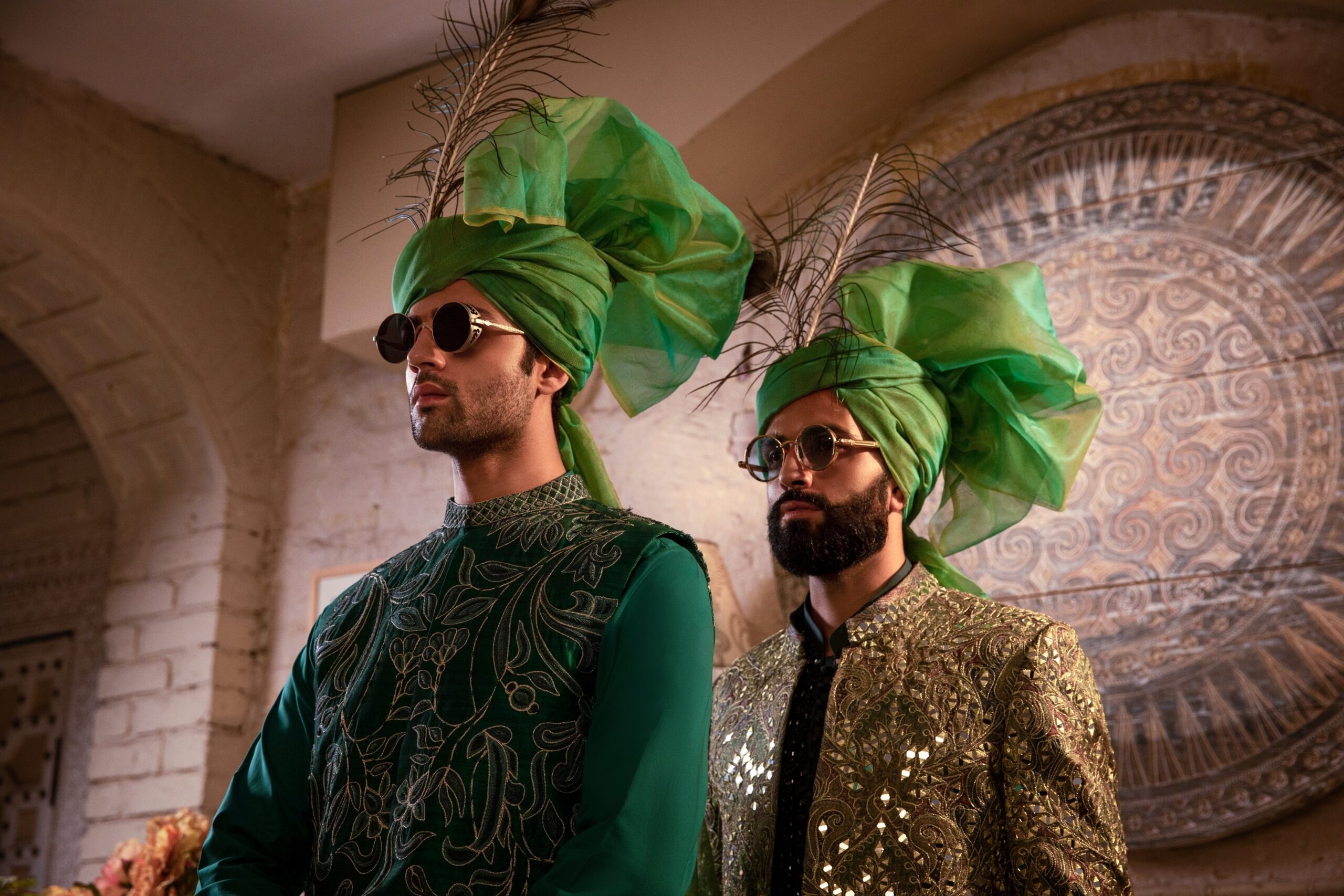 Deep Green Gold Embroidered Silk-Blend Waistcoat Kurta (3-Piece) - Image 5