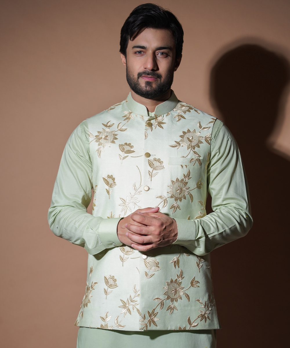 Pastel Mint Gold Resham Embroidered Waistcoat Kurta (3-Piece) - Image 1