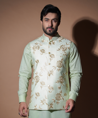 Pastel Mint Gold Resham Embroidered Waistcoat Kurta (3-Piece) - Image 3