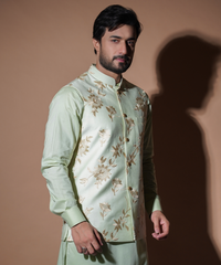 Pastel Mint Gold Resham Embroidered Waistcoat Kurta (3-Piece) - Image 4