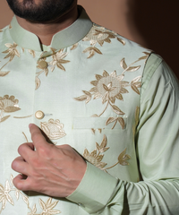 Pastel Mint Gold Resham Embroidered Waistcoat Kurta (3-Piece) - Image 5