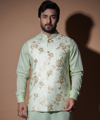 Pastel Mint Gold Resham Embroidered Waistcoat Kurta (3-Piece) - Image 6