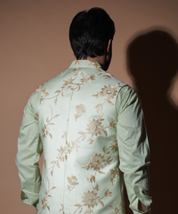 Pastel Mint Gold Resham Embroidered Waistcoat Kurta (3-Piece) - Image 7