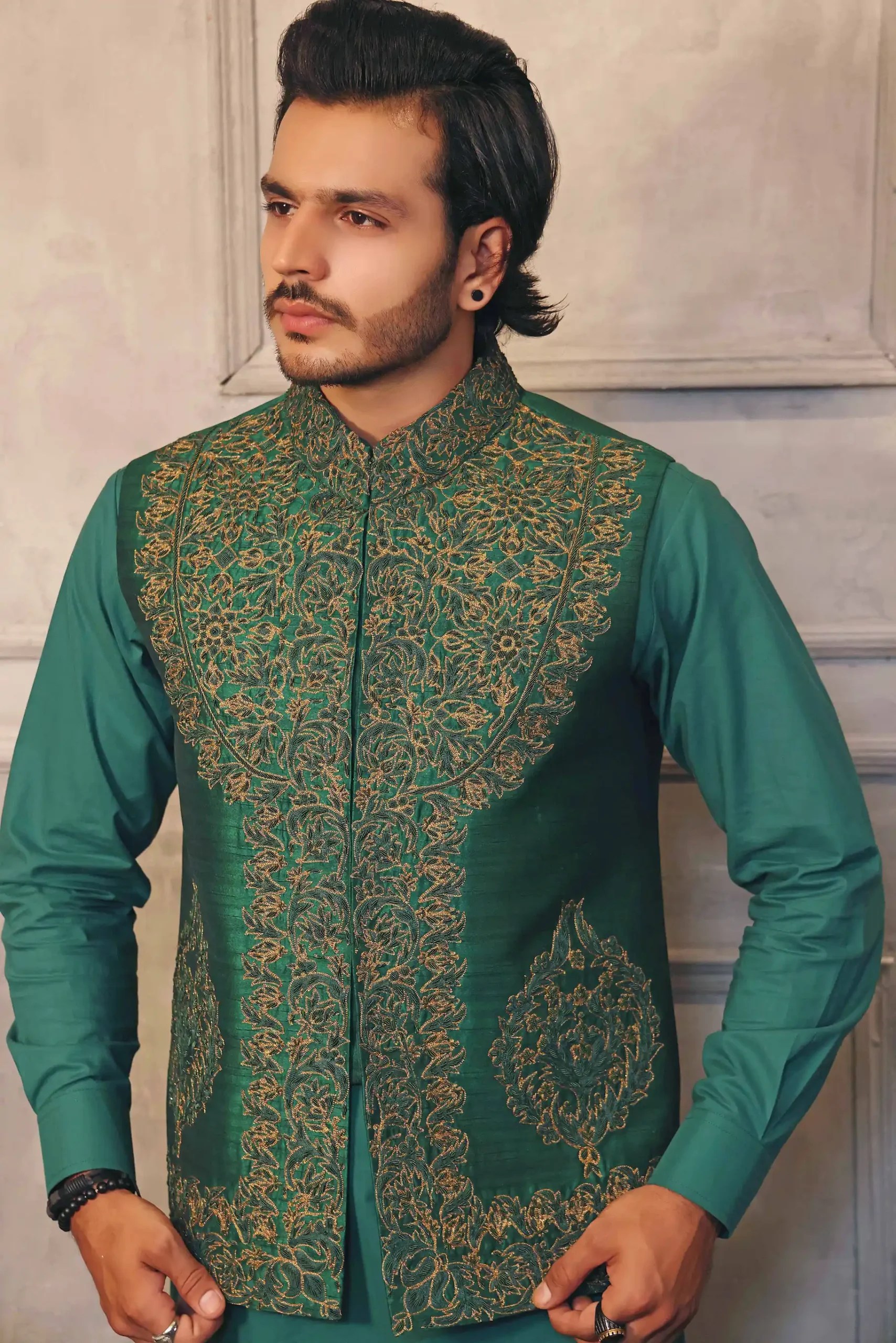 Viridian Green Hand-Embroidered Silk-Blend Waistcoat Kurta (3-Piece) - Image 1