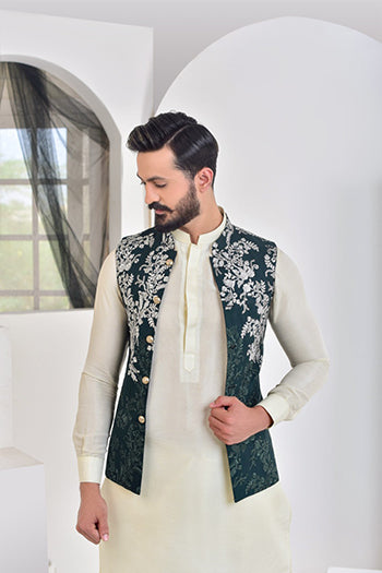 Deep Green Silver Embroidered Silk-Blend Waistcoat Kurta (3-Piece) - Image 1
