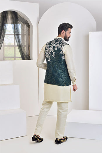 Deep Green Silver Embroidered Silk-Blend Waistcoat Kurta (3-Piece) - Image 3