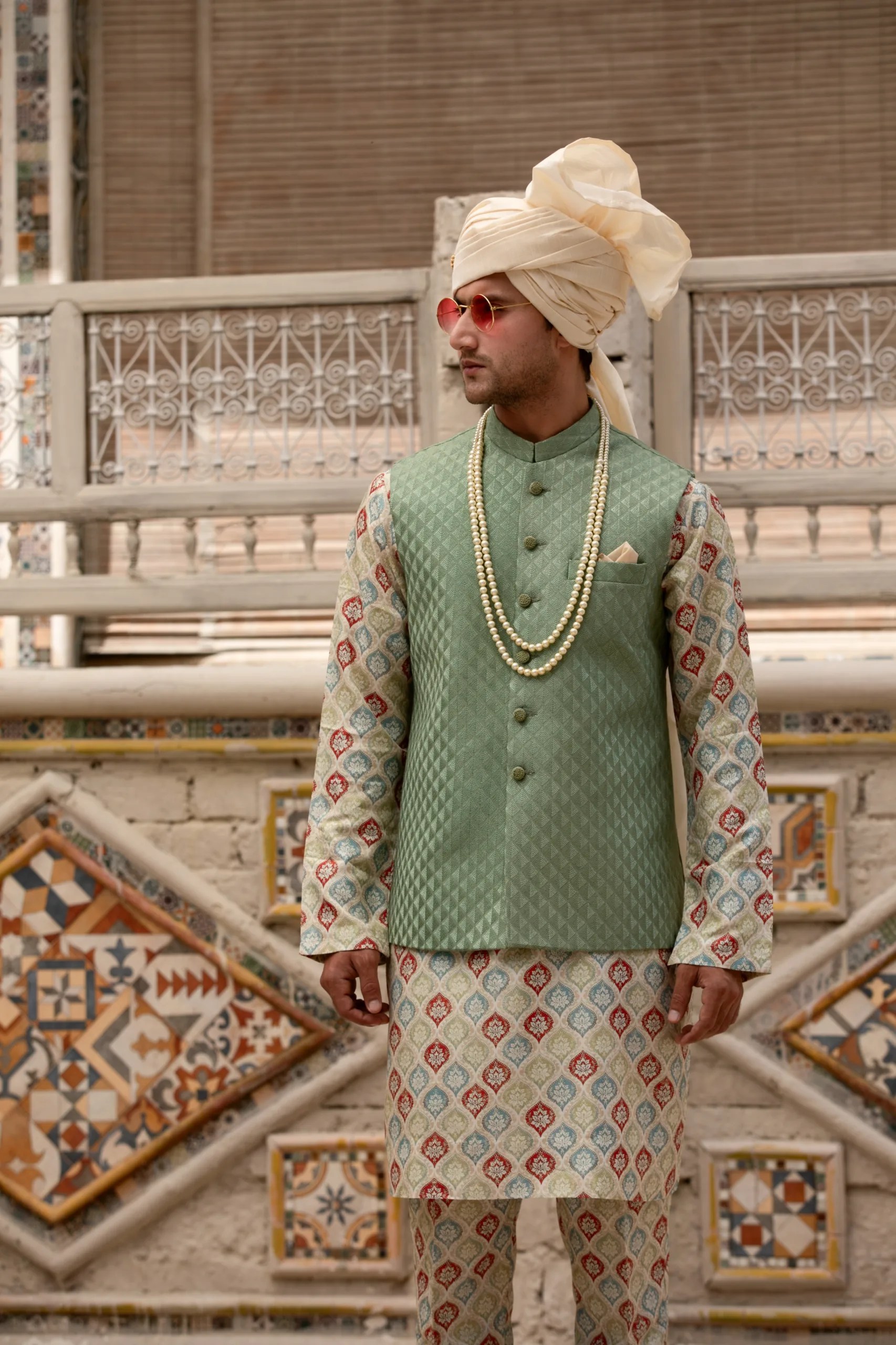 Soft Green Geometric Silk-Blend Waistcoat Kurta (3-Piece) - Image 1
