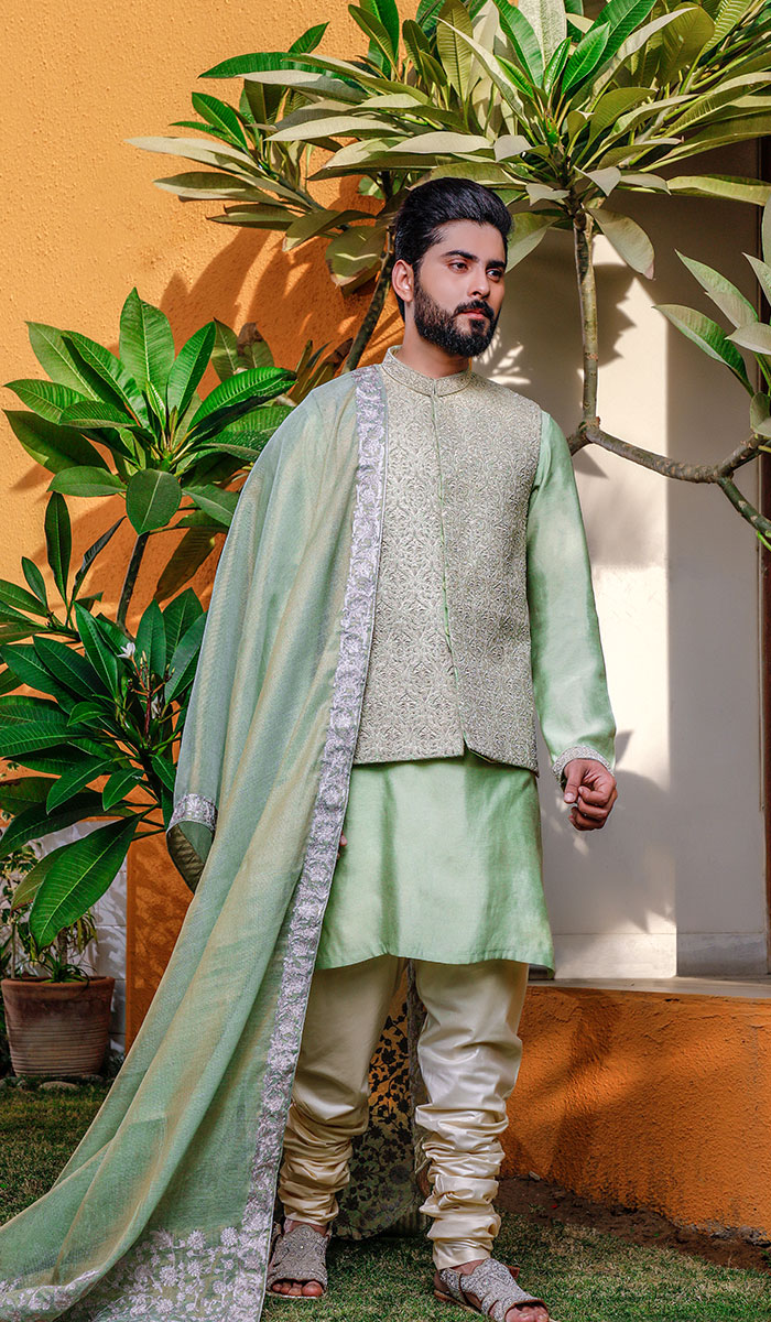 Laurel Green Embroidered Waistcoat Kurta Set (4-Piece) - Image 1