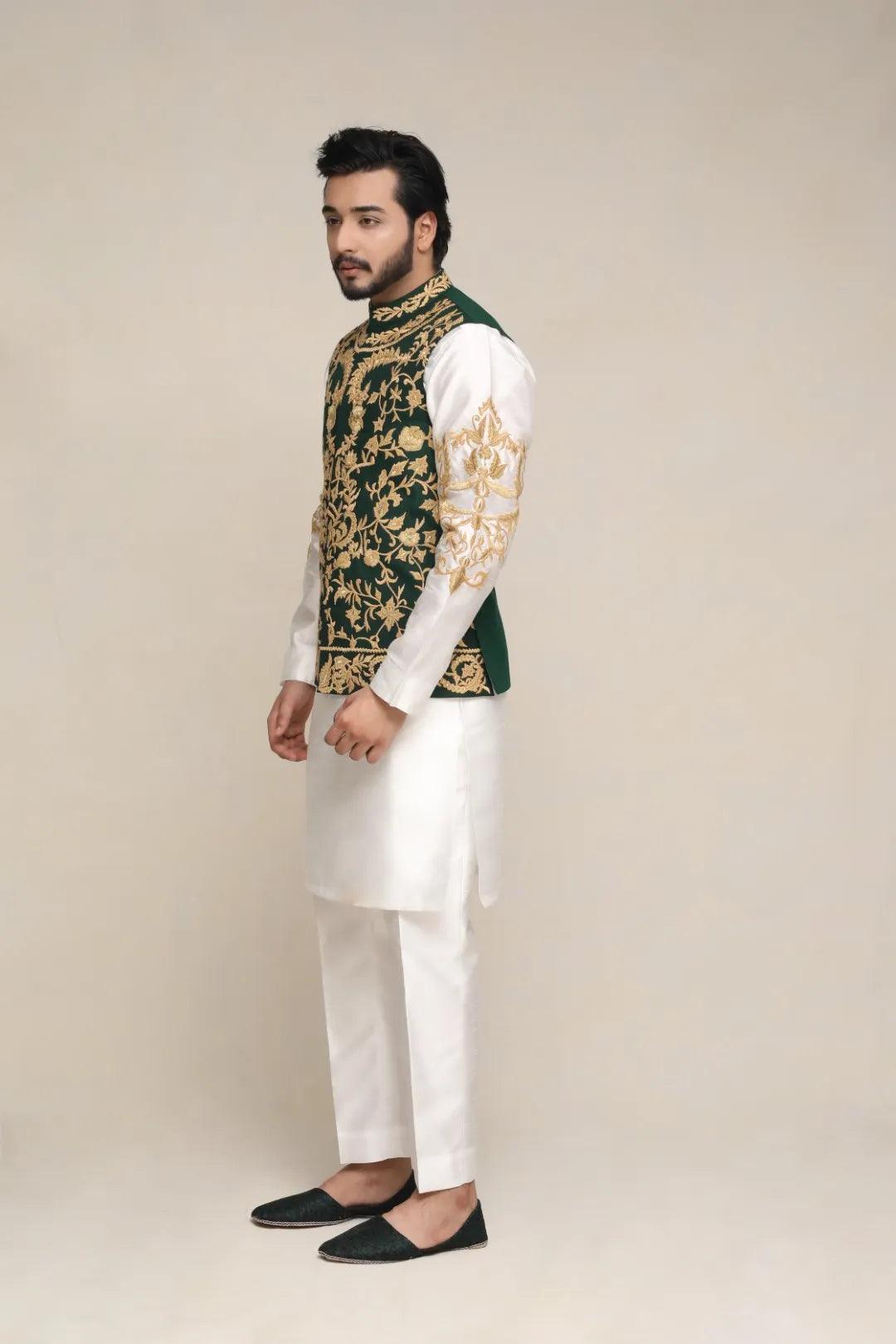 Bottle Green Embroidered Silk-Blend Waistcoat Kurta (3-Piece) - Image 2