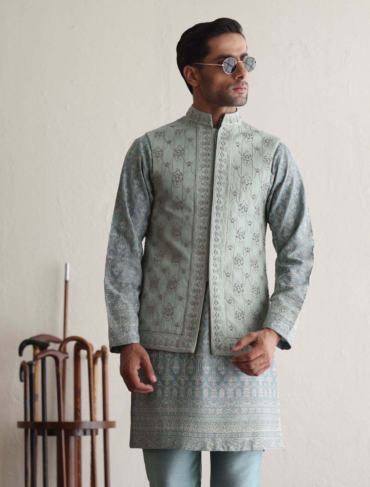 Sea Foam Green Embroidered Silk-Blend Waistcoat Kurta (3-Piece) - Image 1