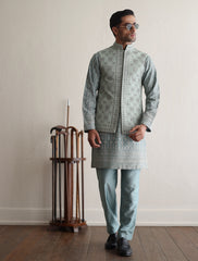 Sea Foam Green Embroidered Silk-Blend Waistcoat Kurta (3-Piece) - Image 3