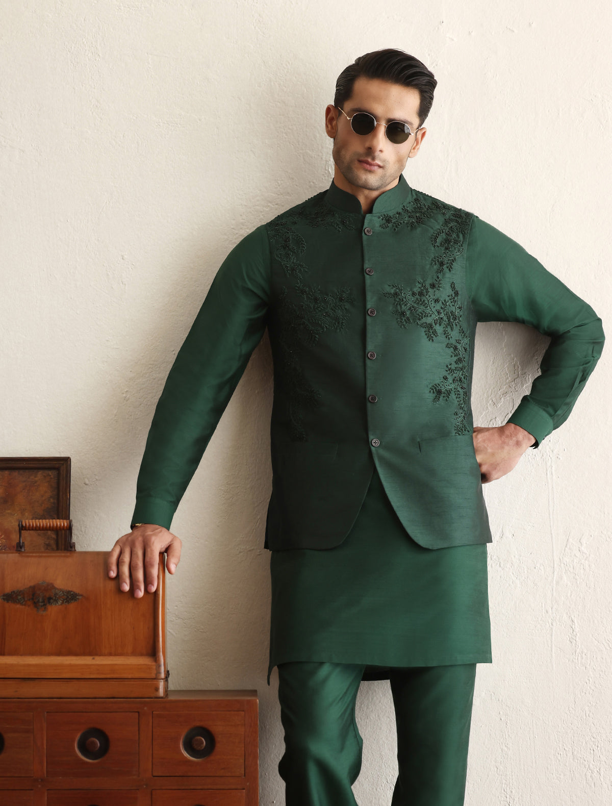 Emerald Green Hand-Embroidered Silk-Blend Waistcoat Kurta (3-Piece) - Image 1