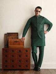 Emerald Green Hand-Embroidered Silk-Blend Waistcoat Kurta (3-Piece) - Image 3
