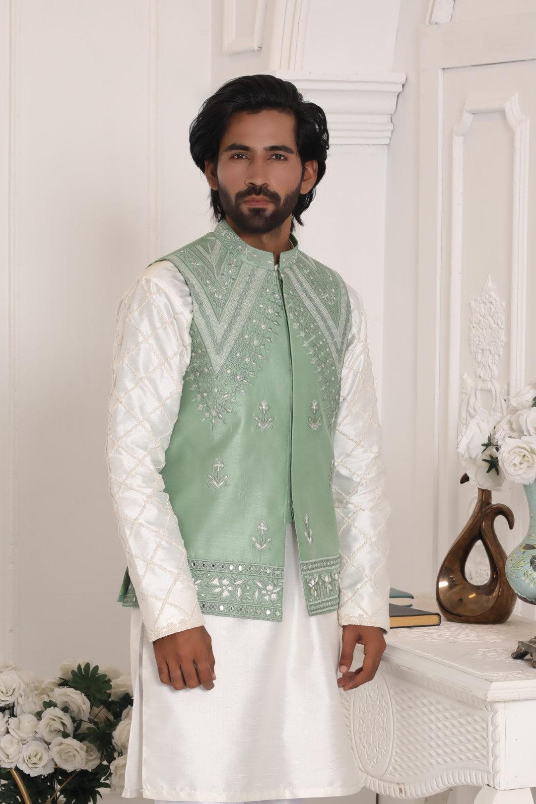 Pista Green Sheesha Embroidered Silk-Blend Waistcoat Kurta (2-Piece) - Image 1