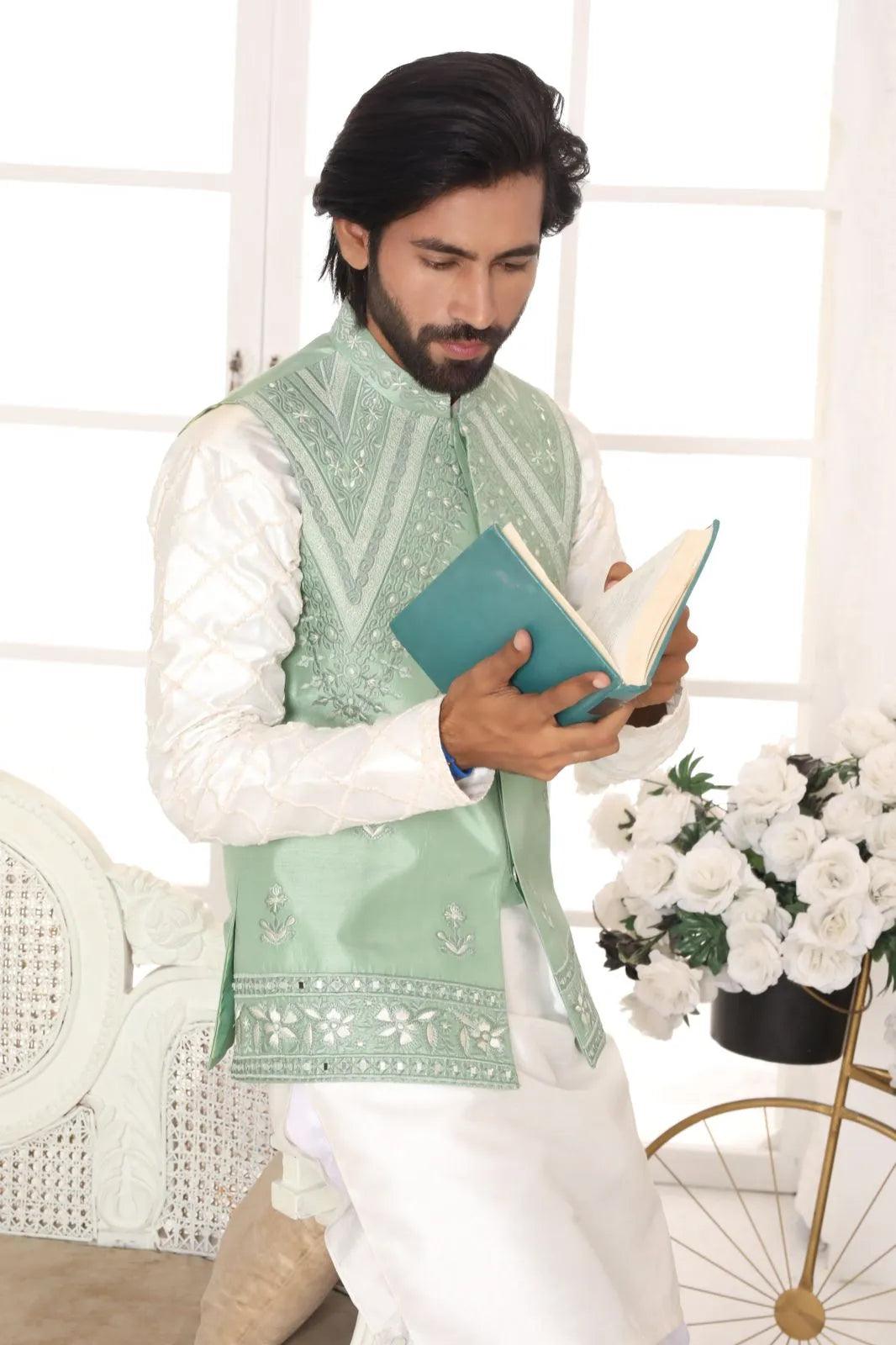 Pista Green Sheesha Embroidered Silk-Blend Waistcoat Kurta (2-Piece) - Image 2