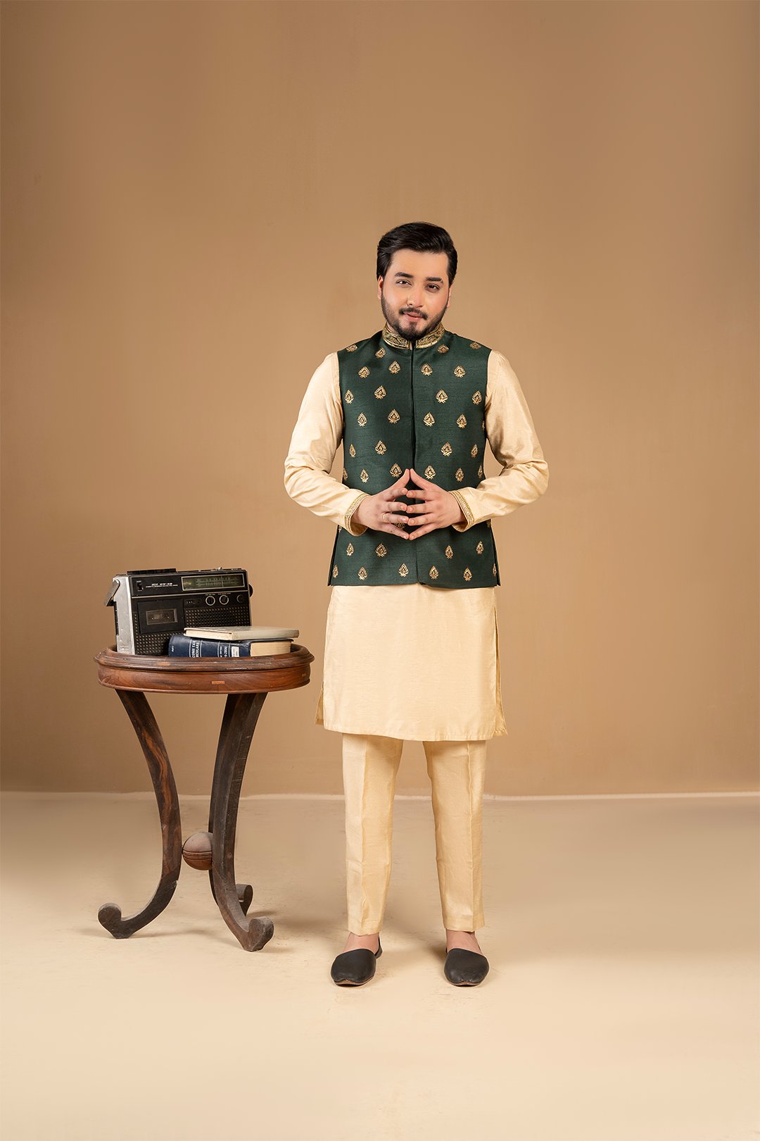 Bottle Green Hand Adda Work Silk Waistcoat (3-Piece) - Image 1