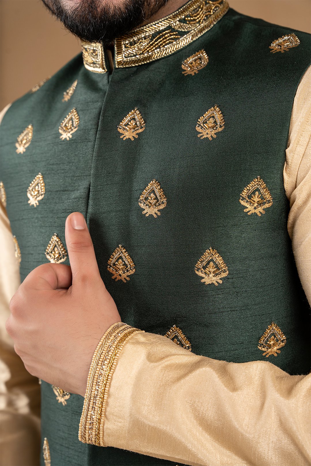 Bottle Green Hand Adda Work Silk Waistcoat (3-Piece) - Image 2