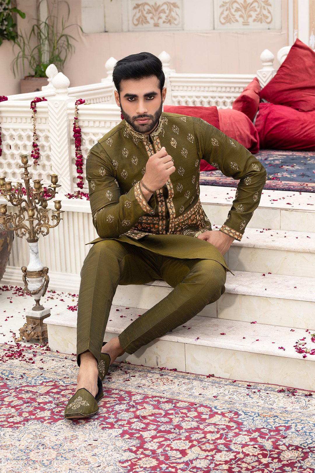 Mehndi Green Ada Embroidered Silk Waistcoat Kurta (3-Piece) - Image 1