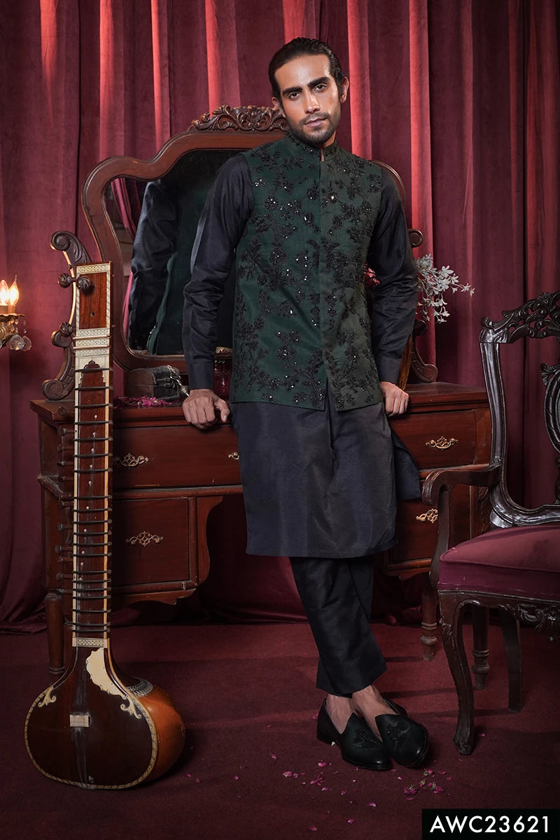 Bottle Green Embellished Silk Waistcoat Kurta Set (3-Piece) - Image 1