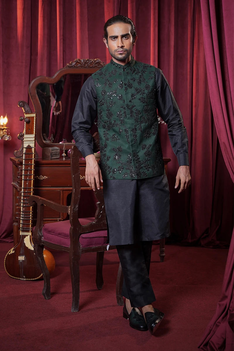 Bottle Green Embellished Silk Waistcoat Kurta Set (3-Piece) - Image 2