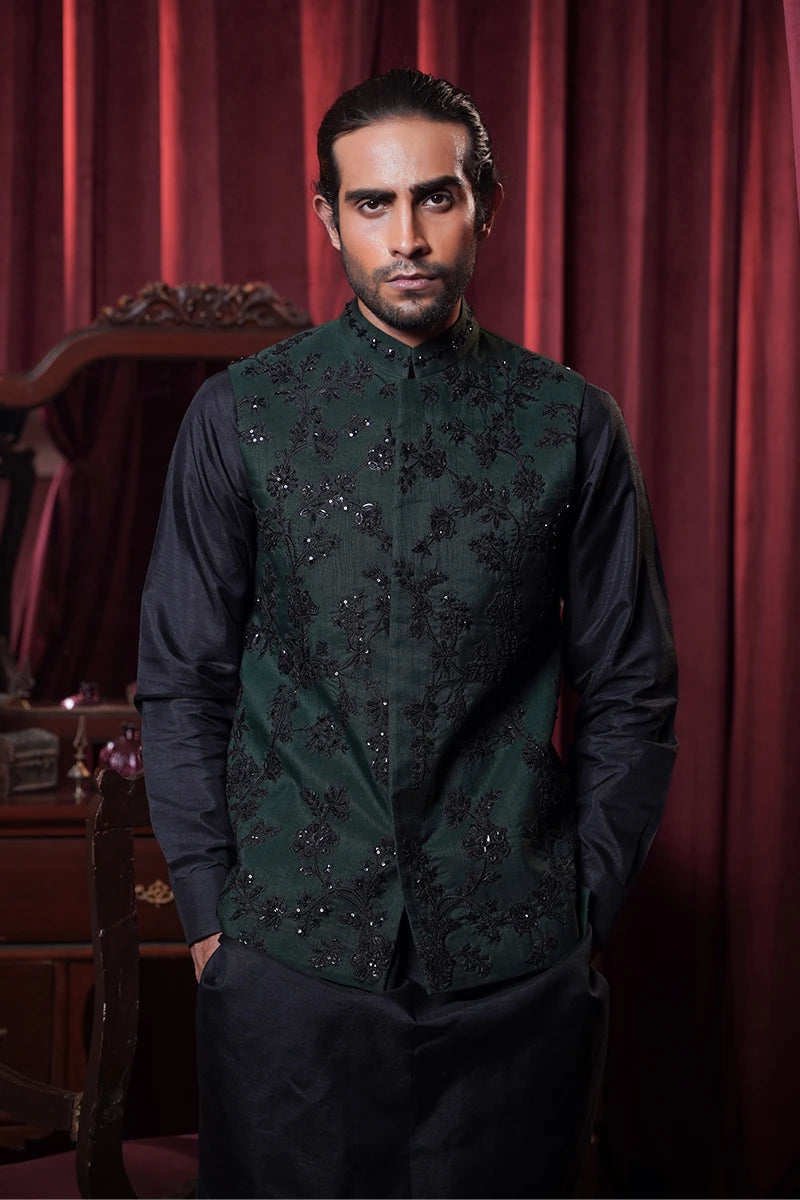 Bottle Green Embellished Silk Waistcoat Kurta Set (3-Piece) - Image 3
