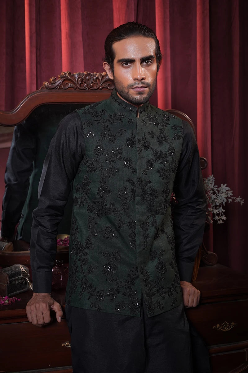 Bottle Green Embellished Silk Waistcoat Kurta Set (3-Piece) - Image 4
